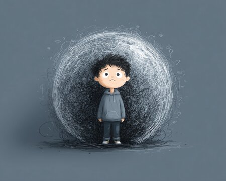 Problematic Thoughts Fear Mindset Young Boy Standing Alone Surrounded by Swirling Black Lines Depicting Sadness and Isolation