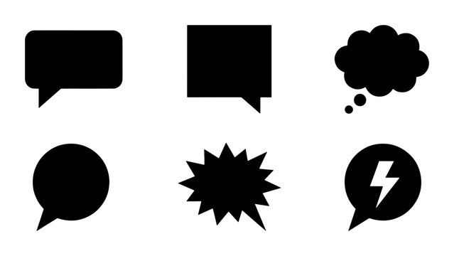 Speech bubble icon set, black silhouette chat clouds and comic thought bubbles, 6 vector communication elements for social media and web design
