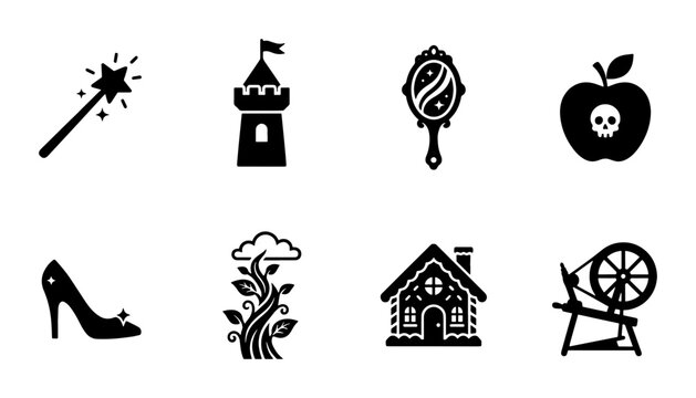 Fairy tale icon set with magic wand and castle, 8 black silhouette fantasy vector elements, storybook symbols for children books and games