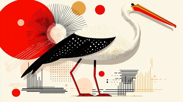 Stylized White Stork in Geometric Abstract Composition