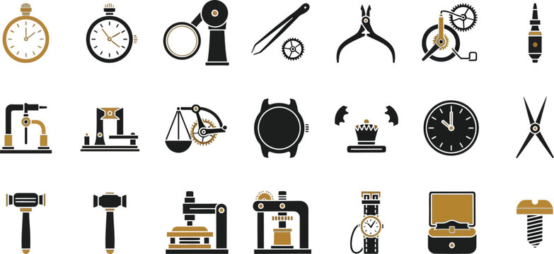 Collection of vintage watchmaking and precision tools icons Vector