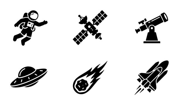 Space exploration icon set, black solid astronaut and rocket vector symbols, astronomy telescope and satellite graphics, 6 flat cosmos icons