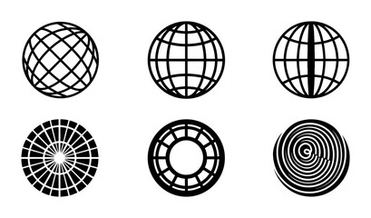 Minimalist globe icons set, black wireframe planet spheres, 6 geometric earth vector elements for global logistics and technology branding © Jannatul