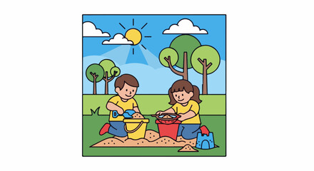 Obraz premium Two children playing with sand, building castles under a sunny sky