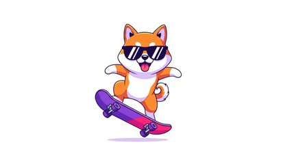 Cool shiba inu dog skateboarding with sunglasses vibrant skateboard cartoon vector © MstAnisa