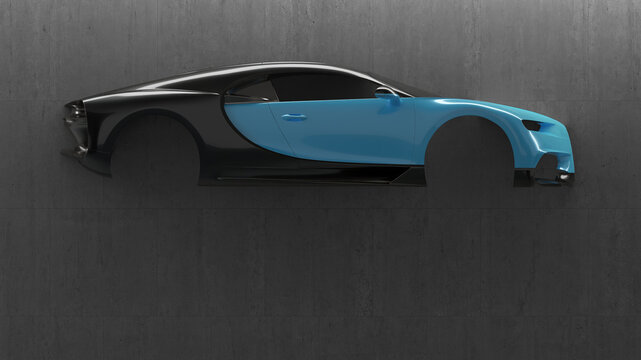 Bugatti Chiron 2016 blue and black body shell side view on concrete wall 3D illustration