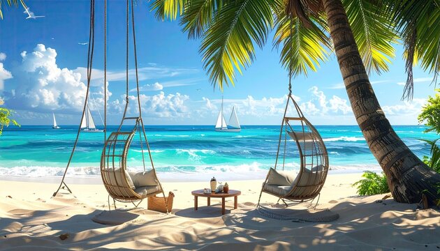 Tropical beach scene with hanging chairs, ocean, and sails