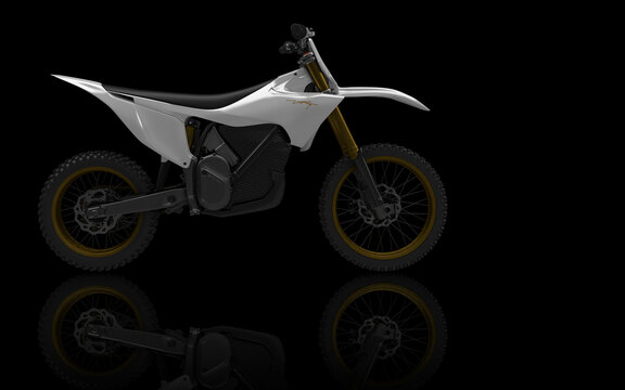 Stark VARG electric motocross bike side view with reflection on black background 3D illustration