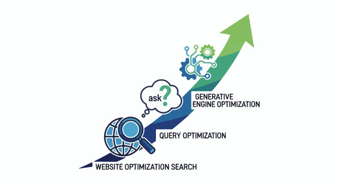 Upward arrow graphic depicting website, query, and generative engine optimization