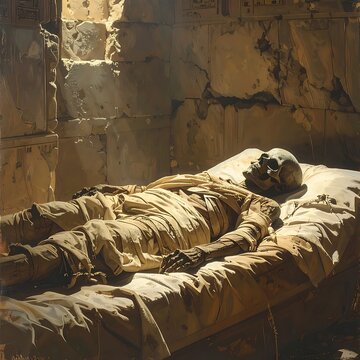 A mummified body lies on a stone pedestal in a dimly lit ancient chamber