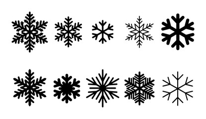 Minimalist snowflake vector icons set, black winter snow crystal silhouettes, 10 decorative frozen ice flake elements for holiday design © Jannatul