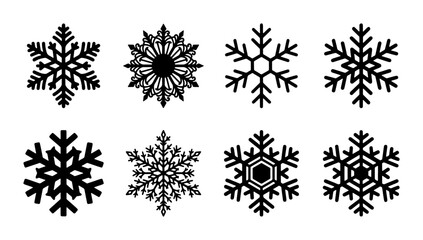 Minimalist black snowflake icons set, 8 winter snow crystal vector elements, geometric frozen ice shapes for Christmas holiday design © Mahin