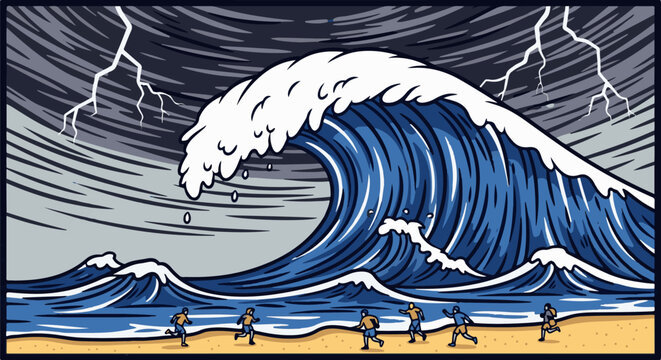 Tiny figures run from giant wave under stormy, lightning-filled skies