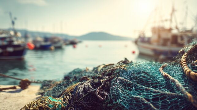 Fishing nets and ropes layered on a harbor dock, with blurred boats gently floating in calm water, reflecting coastal life
