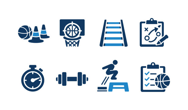 Set of sports training icons featuring basketball equipment, cones, hoop, agility ladder, stopwatch, dumbbells, plyometric jump, and coaching clipboard