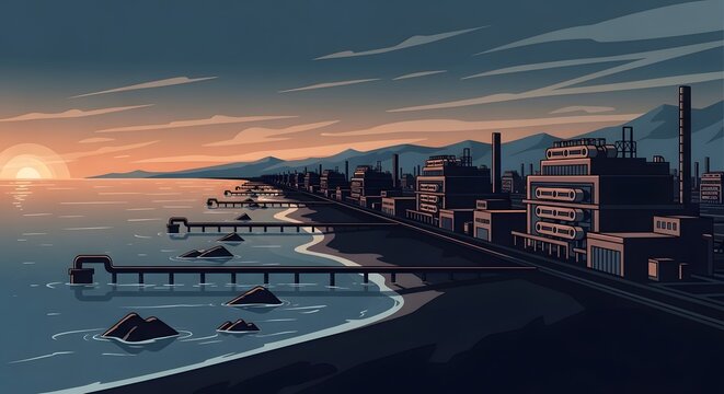 Industrial factory on coastline at sunset vector illustration