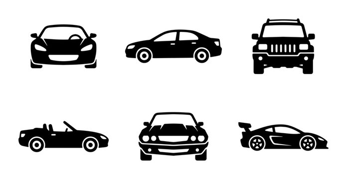 Black car silhouette icons set, vector automotive transport collection, modern vehicle symbols for maps and infographics, 6 car types including SUV and sedan