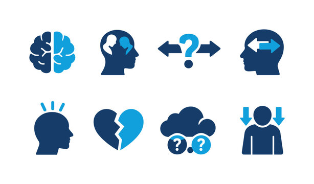 Set of mental health and psychology icons showing brain, confusion, decision making, insight, heartbreak, stress cloud, and depression symptoms