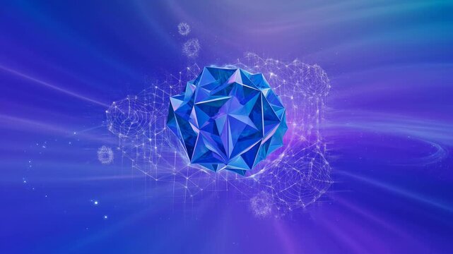 Rotating blue geometric crystal with light trails, data visualization, futuristic energy core, cosmic background, motion graphic.