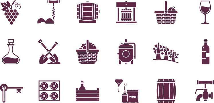 Illustrations depicting various aspects and tools of winemaking and wine culture Vector