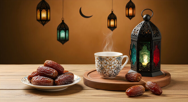 Islamic still life with brown dates and green glass decanter on wooden table de