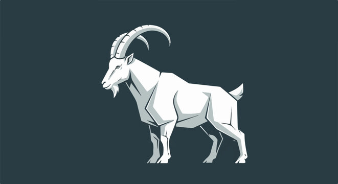 Stylized white goat with long, curved horns stands on a dark background