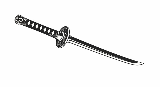 Traditional Japanese sword with intricate handle design and sharp, curved blade