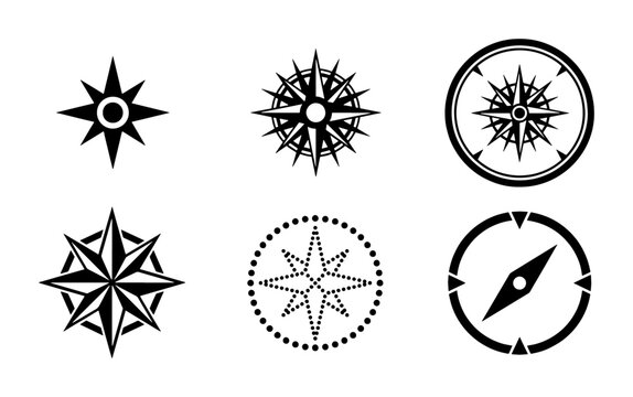 Vintage nautical compass rose icons, black wind rose vector set of 6 elements, antique maritime navigation symbols for maps and travel design