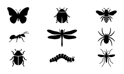 Black insect silhouettes set, collection of 9 bug icons including butterfly and bee, minimalist nature vector elements for educational design © Sultana
