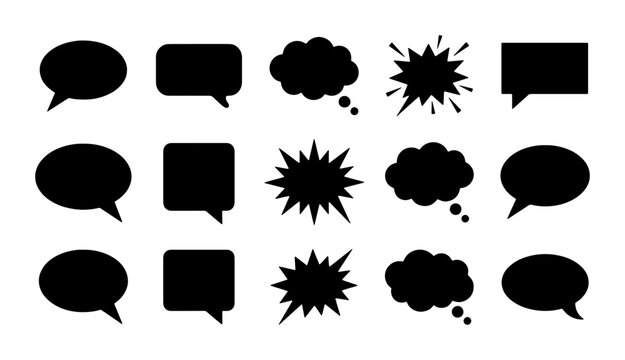 Black speech bubble silhouettes set, 15 comic book thought clouds and chat icons, flat vector communication symbols for graphic design