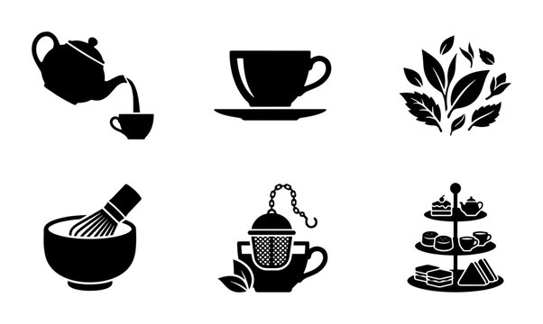 Black tea icons set, minimalist tea ceremony vector symbols, teapot and matcha whisk illustrations, 6 flat icons for cafe menu and branding