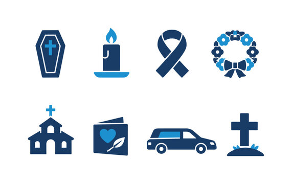 Set of funeral and memorial icons including coffin, candle, awareness ribbon, wreath, church, condolence card, hearse, and grave cross