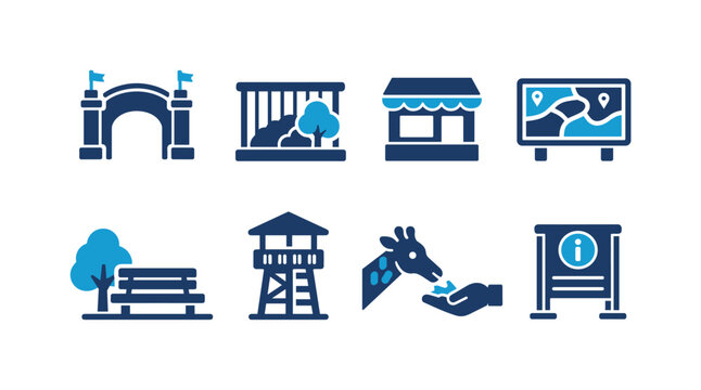 Set of blue flat icons depicting zoo attractions and visitor amenities including entrance gate, animal cage, kiosk, map sign, bench, tower, feeding, and noticeboard