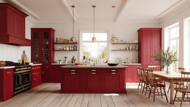 Spacious red kitchen with island, dining table, and natural light
