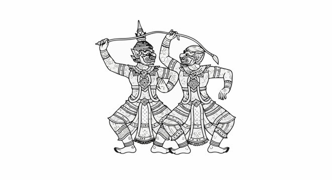 Two figures in traditional attire with ornate patterns engaged in a stylized stance