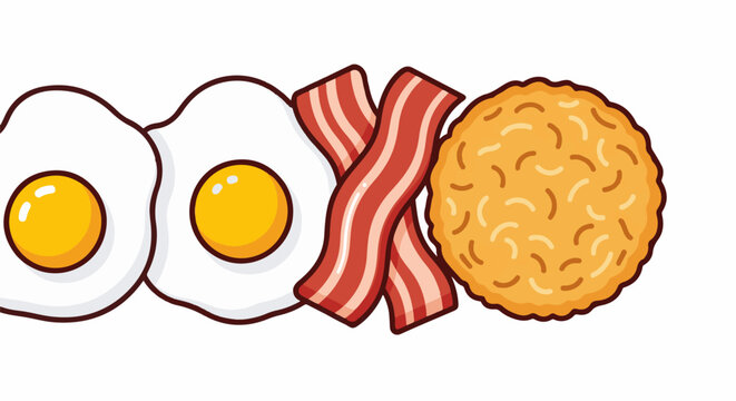 Two fried eggs, crossed bacon strips, and a hash brown patty