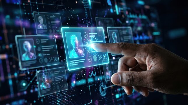 Finger selecting digital ID card profile on identity verification dashboard. Digital identity verification concept.