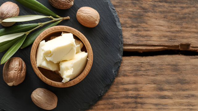 A bowl of shea butter on a slate plate with macadamia nuts and leaves on transparent background