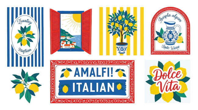 Italian amalfi coast themed illustration set with lemons lemon tree window view pitcher and dolce vita typography in vibrant colors