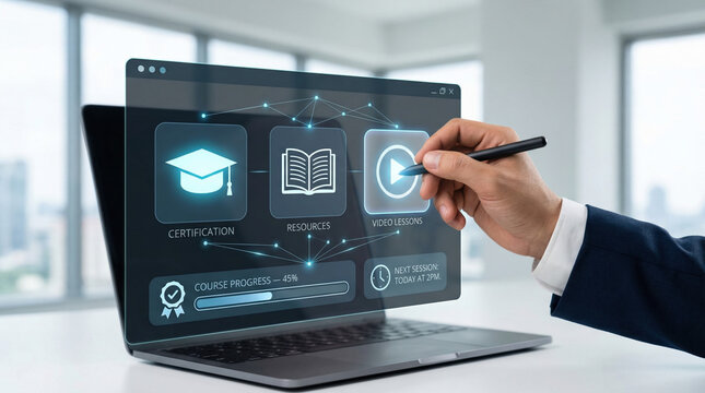 E-learning online education platform on laptop screen, digital certification and remote learning interface, businessman using stylus for virtual study