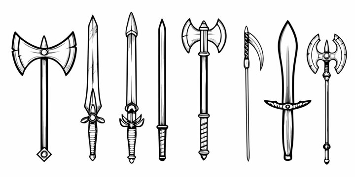 A collection of vintage weapons including swords axes and polearms