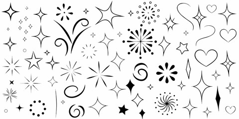 Collection of whimsical hand drawn stars hearts and sparkling decorative elements © Rubel
