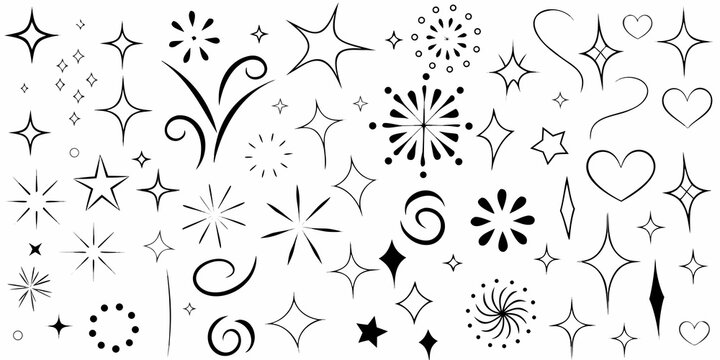Collection of whimsical hand drawn stars hearts and sparkling decorative elements