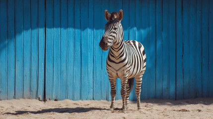 Obraz premium Zebra standing on sandy ground in front of blue wooden wall showcasing striking patterns and natural habitat elements