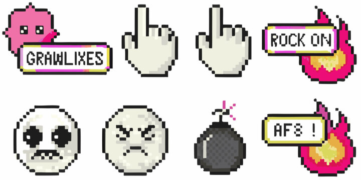 Collection of pixel art emoticons and expressive hand gestures