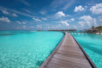 Fototapeta premium Wooden walkway leads to overwater bungalows in turquoise ocean under sky