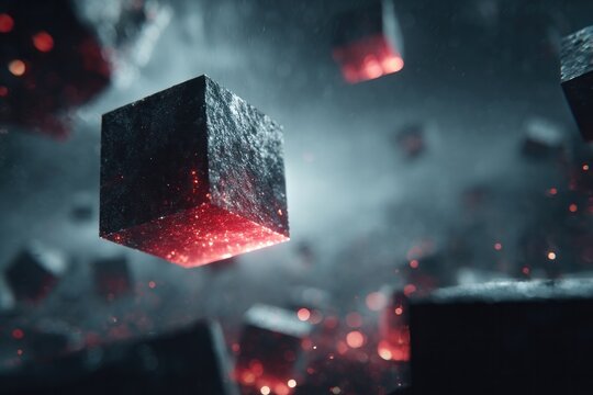 Glowing red cube with particles in dark abstract environment