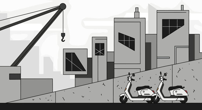 Cityscape with scooters and construction site