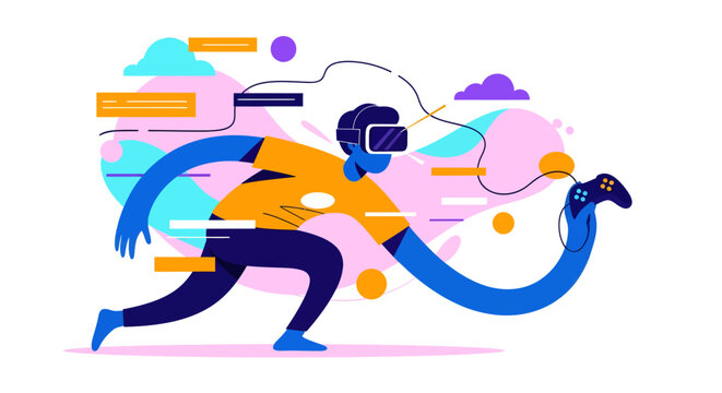 Person running with virtual reality headset on colorful background