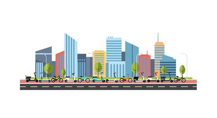 Obraz premium colorful cityscape with buildings and cars on a white background